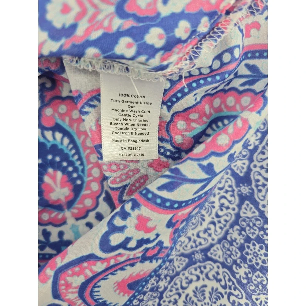 Talbots Blouse Womens XS Pink Blue Paisley Split Neck 3/4 Sleeve Cotton Top